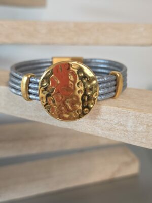 Bracelet femme cuir rond 2,5 gris et passants dorés
