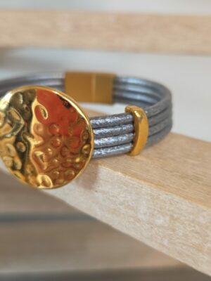 Bracelet femme cuir rond 2,5 gris et passants dorés