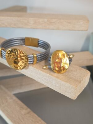 Bracelet et bague cuir rond argent