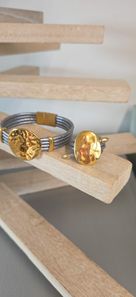 Bracelet et bague cuir rond argent