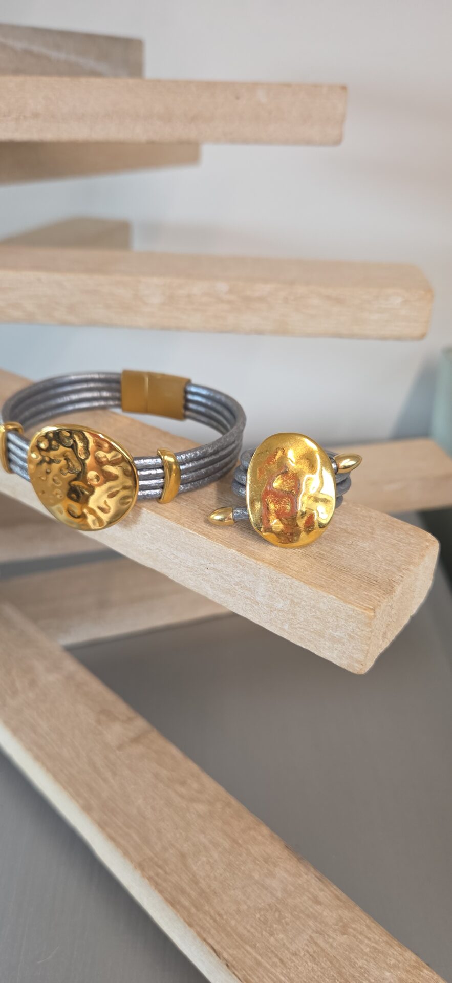 Bracelet et bague cuir rond argent