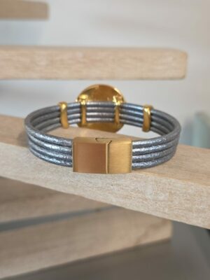 Bracelet femme cuir rond 2,5 gris et passants dorés