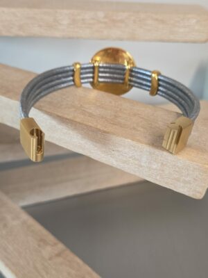 Bracelet femme cuir rond 2,5 gris et passants dorés